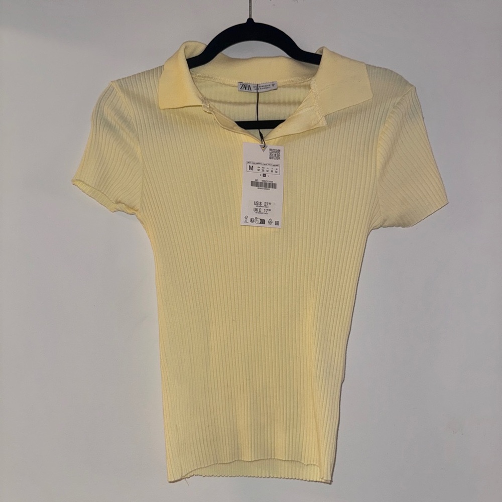 Zara Yellow Fitted Ribbed Polo Shirt